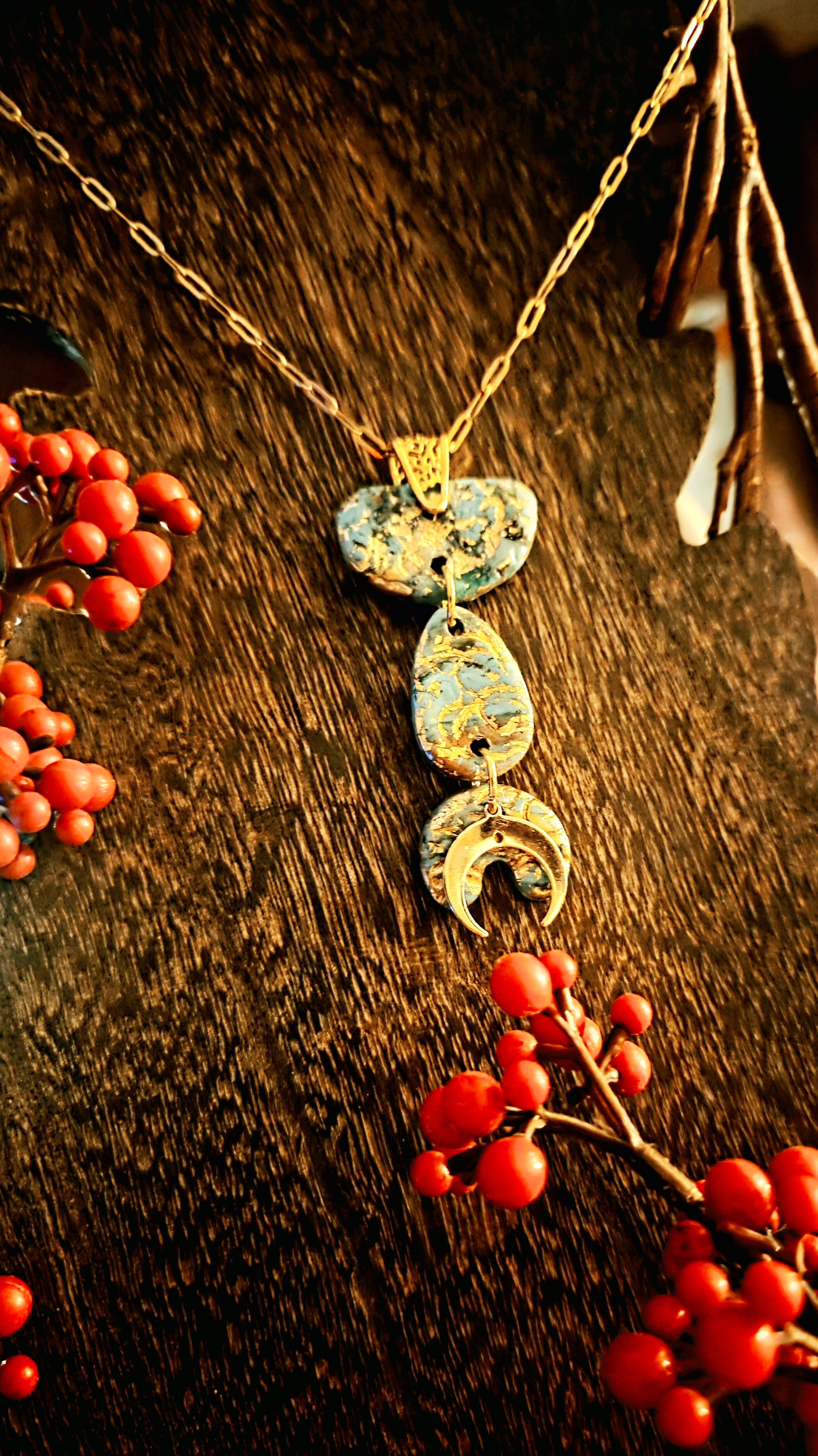 Linda | Weathered and Worn Faux Turquoise Triple Moon Pendant Necklace